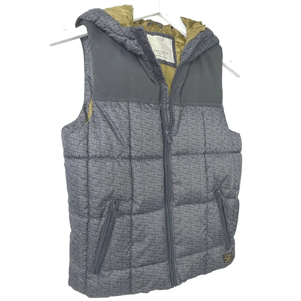 Zara Boys Puffer‎ Vest Jacket Size 11/12 Grey Hooded Quilted Full Zip Gorpcore